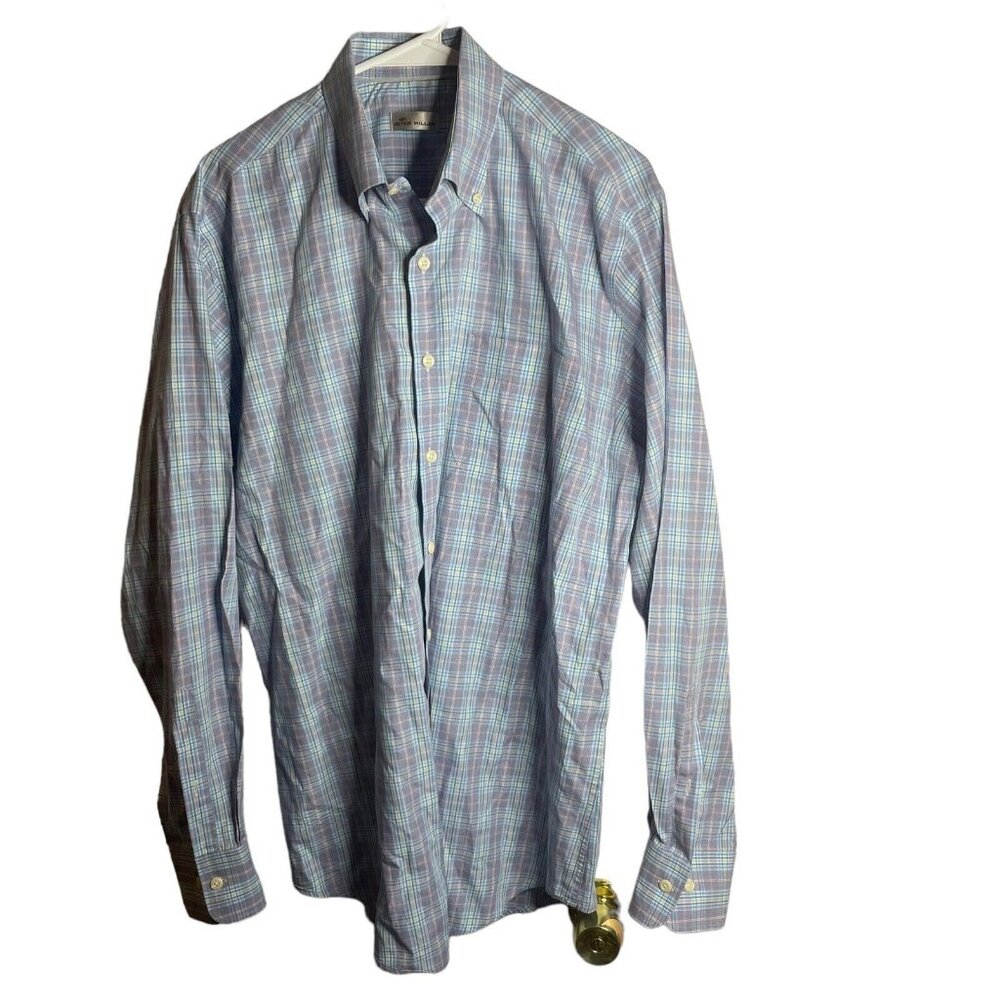 Peter Millar Shirt Mens M Button Up Long Sleeve Multicolor Blue Check Plaid